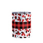 Buffalo Plaid Leaves Fall Tumbler Cup (10oz) at Amy's Coffee Mugs. A stainless steel insulated tumbler cup designed with a pattern of leaves with a red and black buffalo plaid pattern that wraps around the cup. There is a buffalo plaid stripe over the middle area of the leaves.