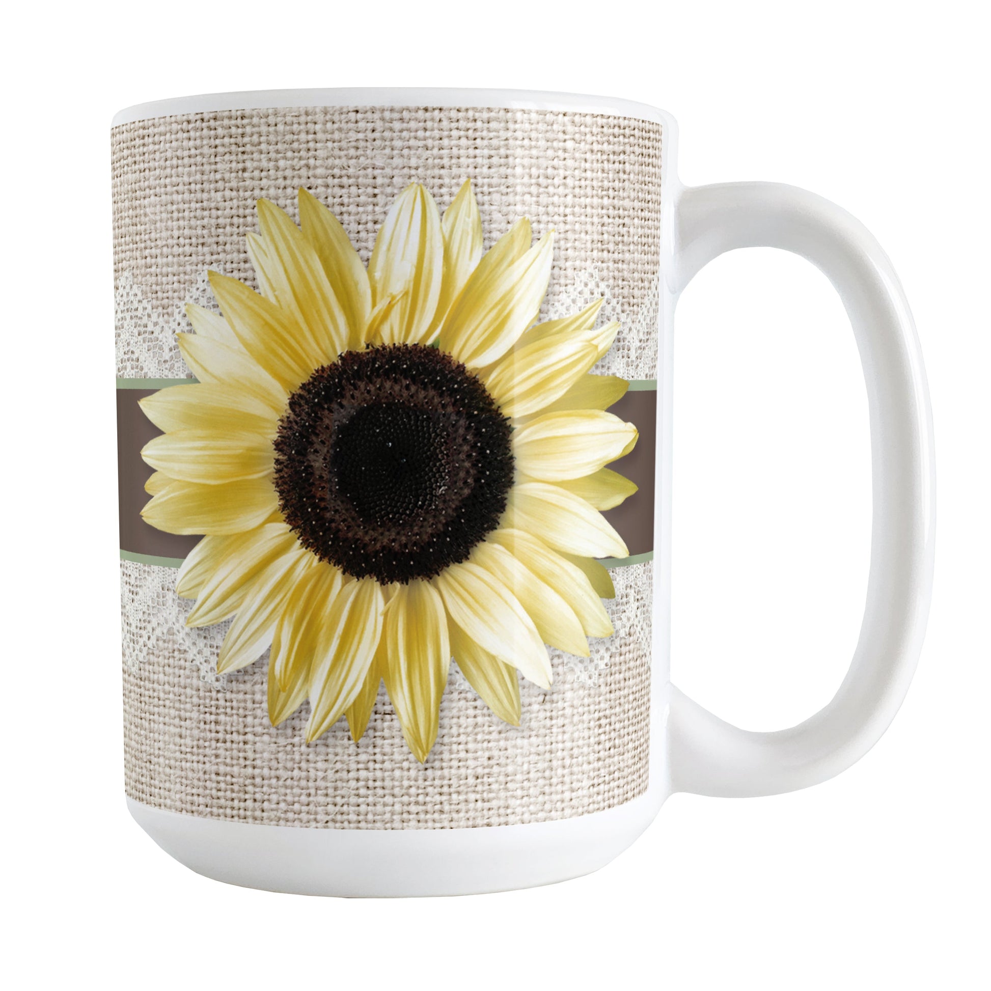 Burlap and Lace Brown Sage Sunflower Mug (15oz) at Amy's Coffee Mugs