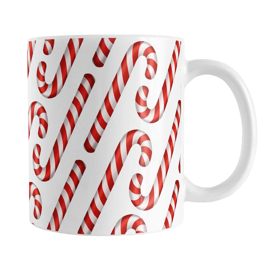 Candy Cane Pattern Mug (11oz) at Amy's Coffee Mugs. A ceramic coffee mug designed with a pattern of red and white striped candy canes that wraps around the mug to the handle.