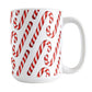 Candy Cane Pattern Mug (15oz) at Amy's Coffee Mugs. A ceramic coffee mug designed with a pattern of red and white striped candy canes that wraps around the mug to the handle.