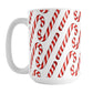 Candy Cane Pattern Mug (15oz) at Amy's Coffee Mugs. A ceramic coffee mug designed with a pattern of red and white striped candy canes that wraps around the mug to the handle.