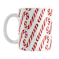 Candy Cane Pattern Mug (11oz) at Amy's Coffee Mugs. A ceramic coffee mug designed with a pattern of red and white striped candy canes that wraps around the mug to the handle.