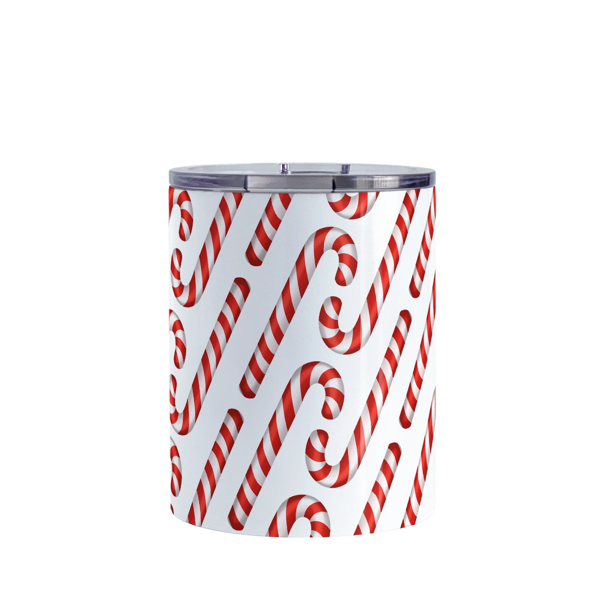 Candy Cane Pattern Tumbler Cup (10oz) at Amy's Coffee Mugs. A stainless steel tumbler cup designed with a diagonal pattern of red and white striped candy canes that wraps around the cup.