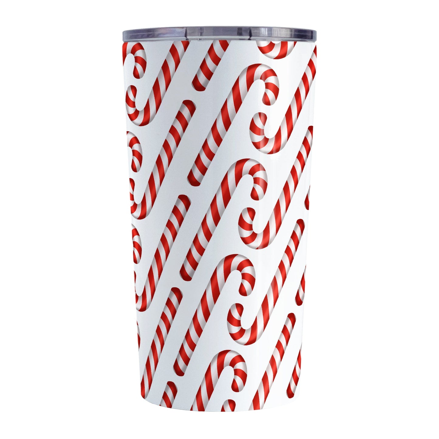 Candy Cane Pattern Tumbler Cup (20oz) at Amy's Coffee Mugs. A stainless steel tumbler cup designed with a diagonal pattern of red and white striped candy canes that wraps around the cup.
