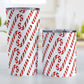 Candy Cane Pattern Tumbler Cup (20oz or 10oz) at Amy's Coffee Mugs. Stainless steel tumbler cups designed with a diagonal pattern of red and white striped candy canes that wraps around the cups. Photo shows both sized cups on a table next to each other.