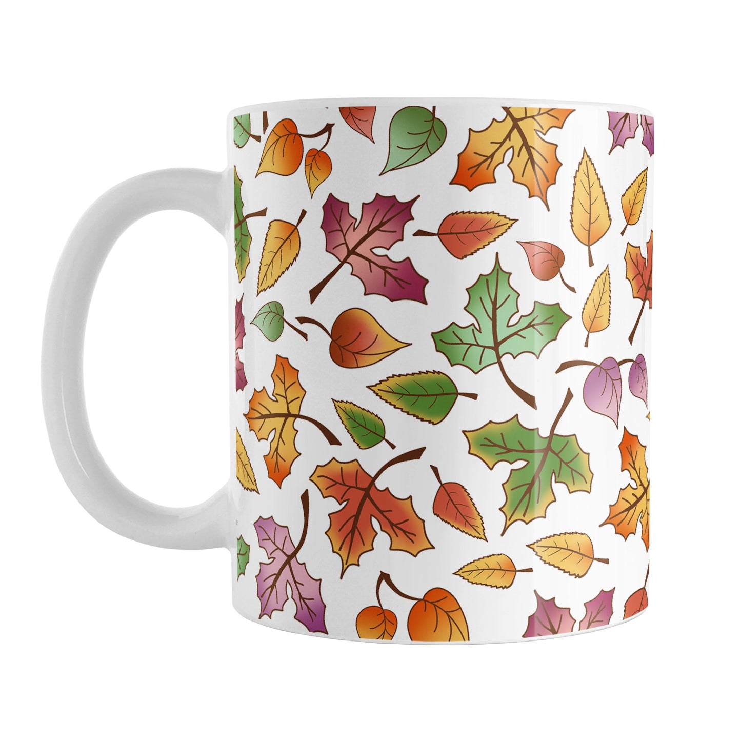 Changing Leaves Fall Mug (11oz) at Amy's Coffee Mugs. A ceramic coffee mug designed with a fall themed pattern of leaves changing colors, as they do at the beginning of autumn, that wraps around the mug.