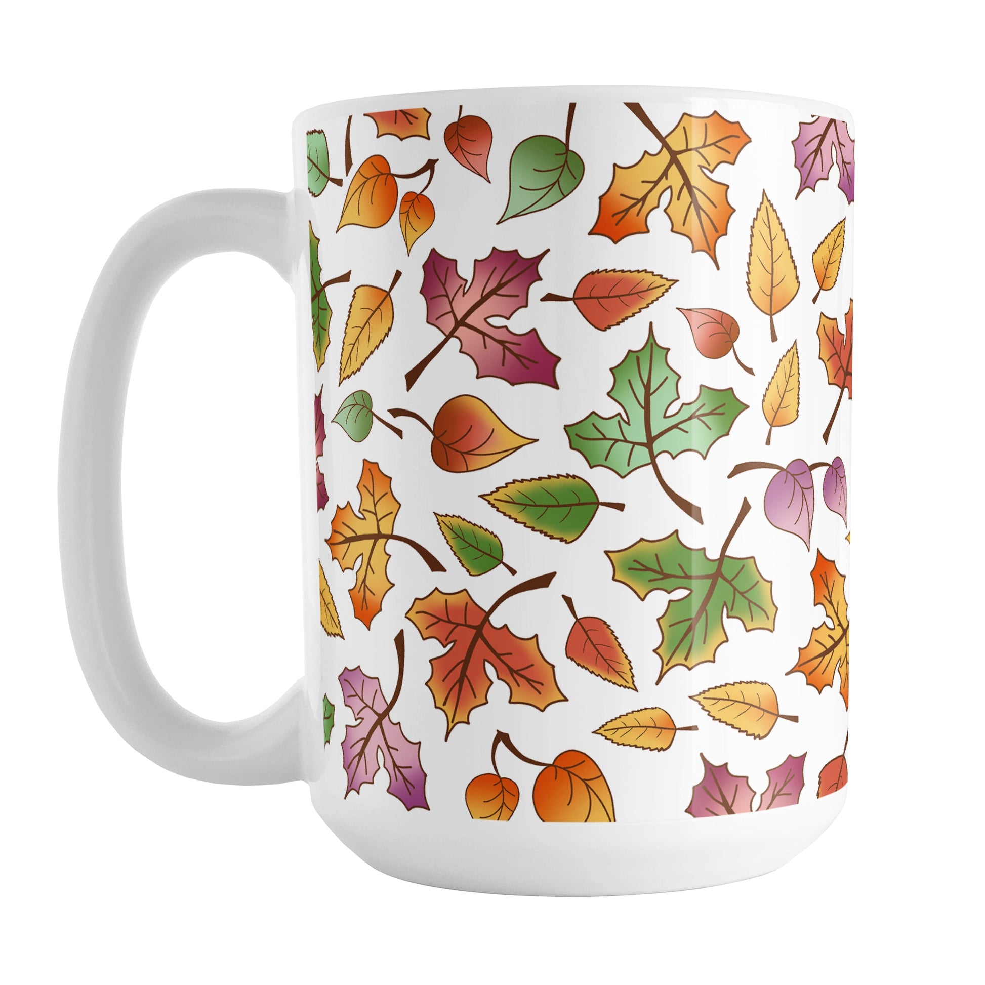 Changing Leaves Fall Mug (15oz) at Amy's Coffee Mugs. A ceramic coffee mug designed with a fall themed pattern of leaves changing colors, as they do at the beginning of autumn, that wraps around the mug.