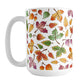 Changing Leaves Fall Mug (15oz) at Amy's Coffee Mugs. A ceramic coffee mug designed with a fall themed pattern of leaves changing colors, as they do at the beginning of autumn, that wraps around the mug.