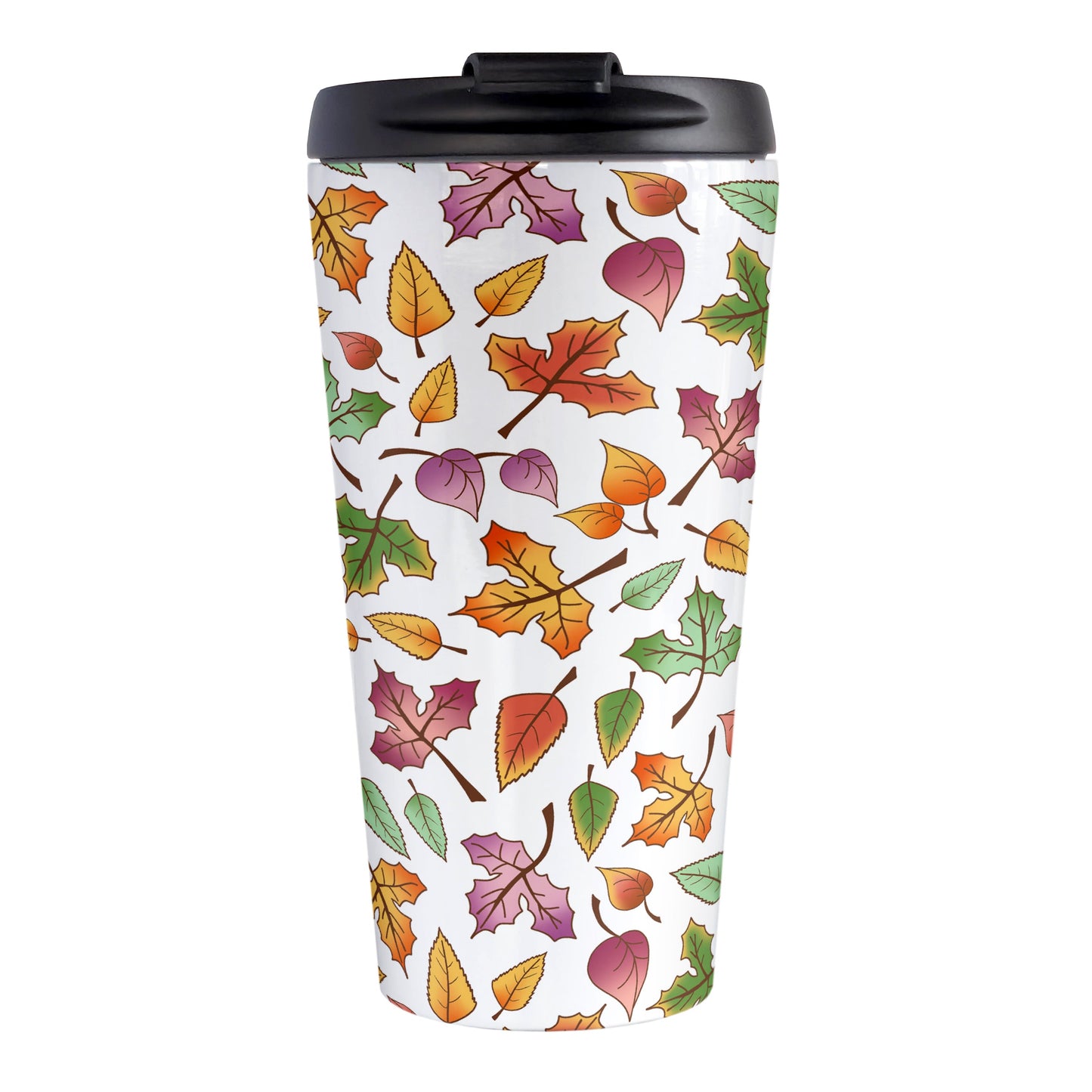 Changing Leaves Fall Travel Mug (15oz) at Amy's Coffee Mugs. A stainless steel insulated travel mug designed with a fall themed pattern of leaves changing colors, as they do at the beginning of autumn, that wraps around the travel mug.