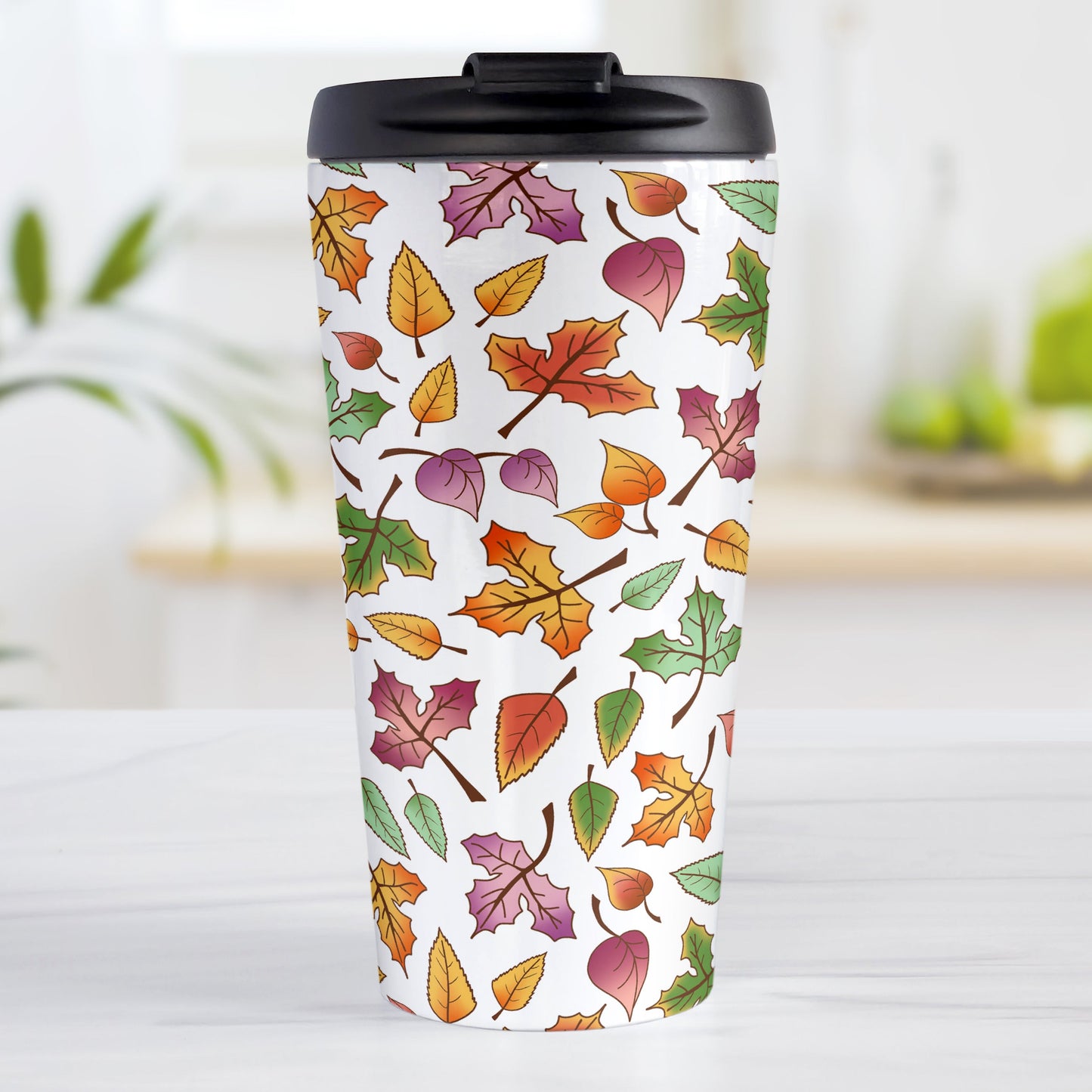 Changing Leaves Fall Travel Mug (15oz) at Amy's Coffee Mugs. A stainless steel insulated travel mug designed with a fall themed pattern of leaves changing colors, as they do at the beginning of autumn, that wraps around the travel mug.