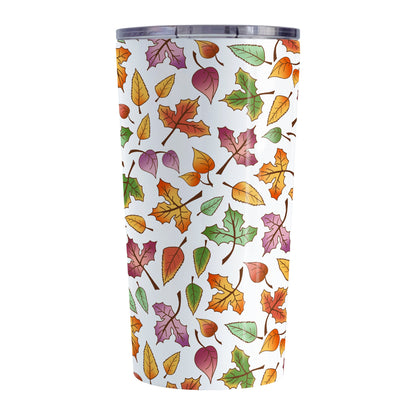 Changing Leaves Fall Tumbler Cup (20oz) at Amy's Coffee Mugs. A stainless steel tumbler cup designed with a fall themed pattern of leaves changing colors, as they do at the beginning of autumn, that wraps around the cup.