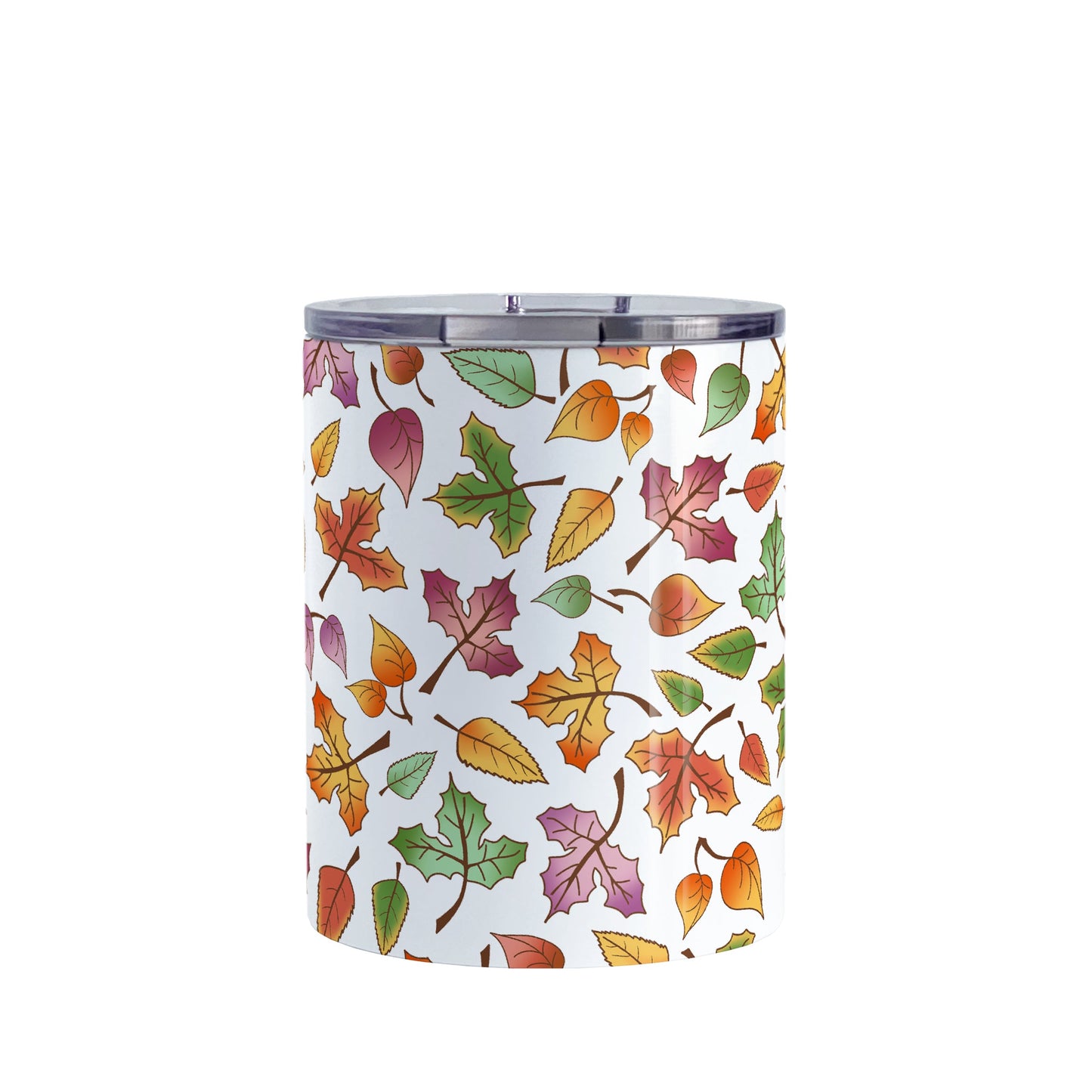 Changing Leaves Fall Tumbler Cup (10oz) at Amy's Coffee Mugs. A stainless steel tumbler cup designed with a fall themed pattern of leaves changing colors, as they do at the beginning of autumn, that wraps around the cup.