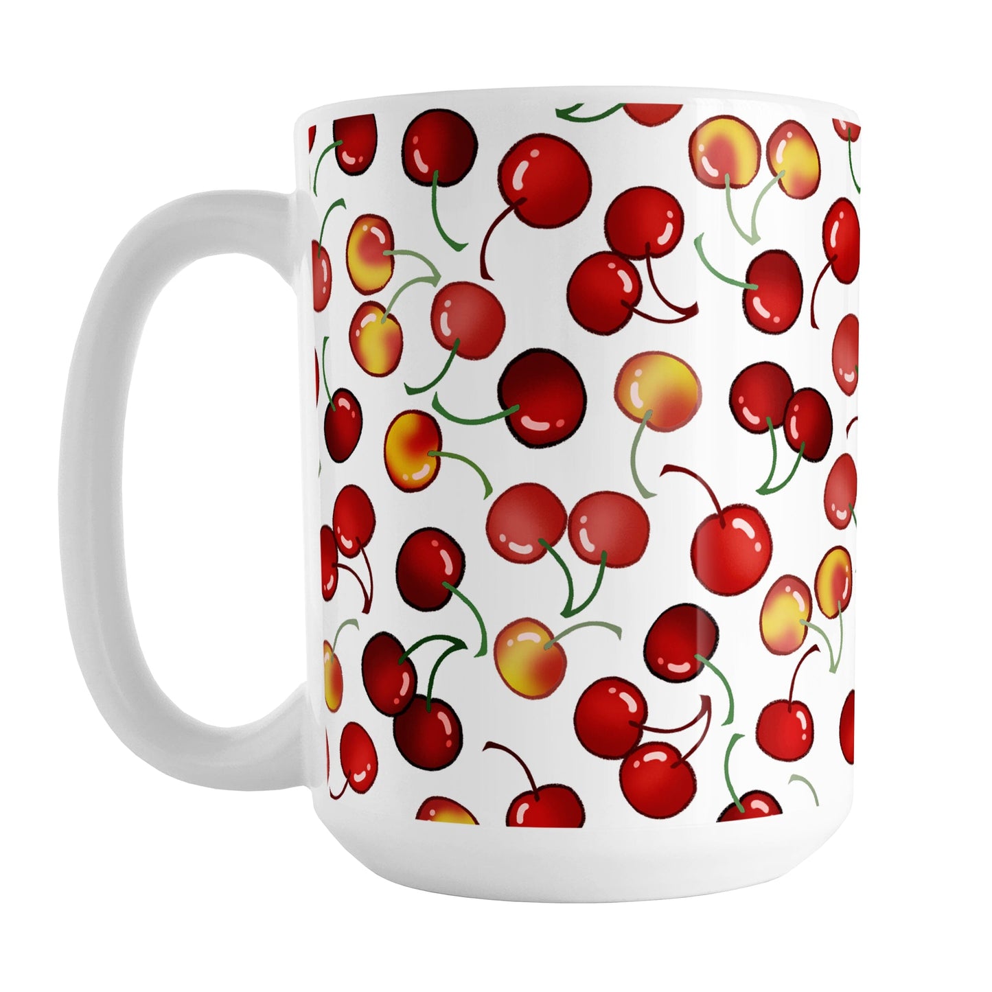 Cherries Mug (15oz) at Amy's Coffee Mugs. A ceramic coffee mug designed with different colors and types of cherries in a pattern that wraps around the mug to the handle.