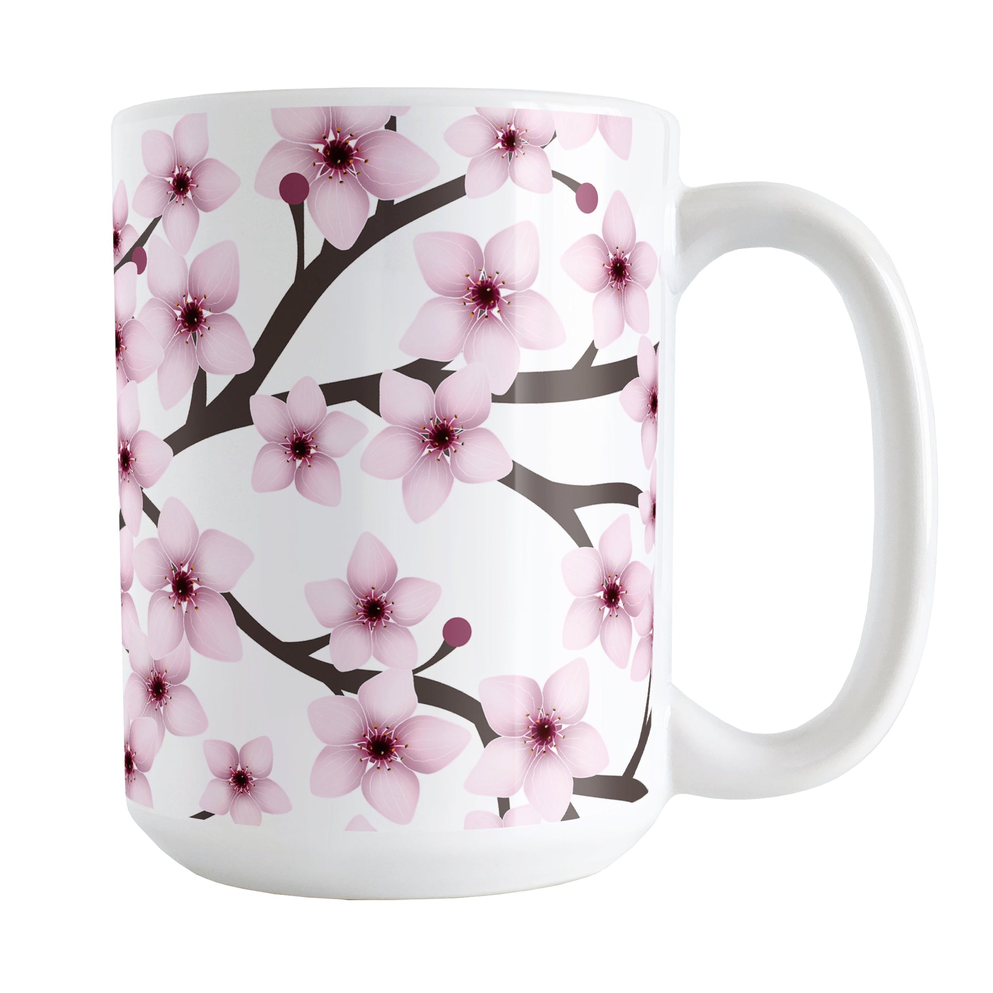 Cherry Blossom Mug (15oz) at Amy's Coffee Mugs. A ceramic coffee mug designed with a pattern of pink cherry blossom flowers on branches that wraps around the mug to the handle.