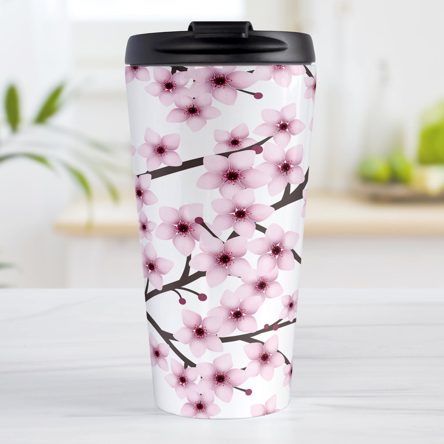 Cherry Blossom Travel Mug (15oz) at Amy's Coffee Mugs. A stainless steel insulated travel mug designed with a pattern of pink cherry blossom flowers on branches that wraps around the travel mug. 