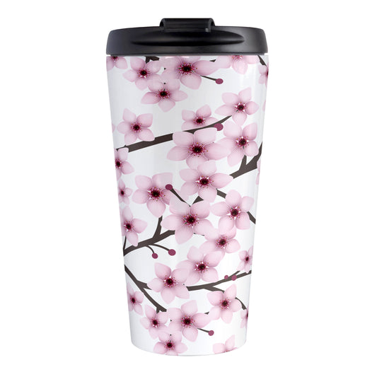 Cherry Blossom Travel Mug (15oz) at Amy's Coffee Mugs. A stainless steel insulated travel mug designed with a pattern of pink cherry blossom flowers on branches that wraps around the travel mug. 
