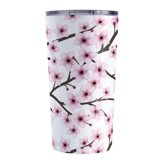 Cherry Blossom Tumbler Cup (20oz) at Amy's Coffee Mugs. A stainless steel insulated tumbler cup designed with a pattern of pink cherry blossom flowers on branches that wraps around the cup.