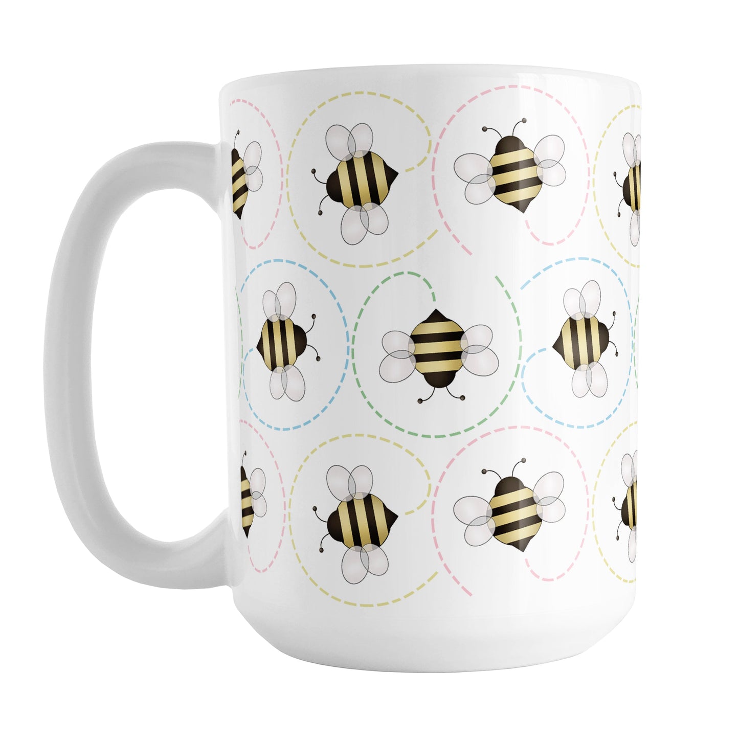 Circling Dainty Bee Pattern Mug (15oz) at Amy's Coffee Mugs. A ceramic bee mug with adorable dainty black and yellow bees in a pattern around the mug with colorful dotted line circling flight paths. A minimalist bee design for bee lovers who also love color and happy designs.