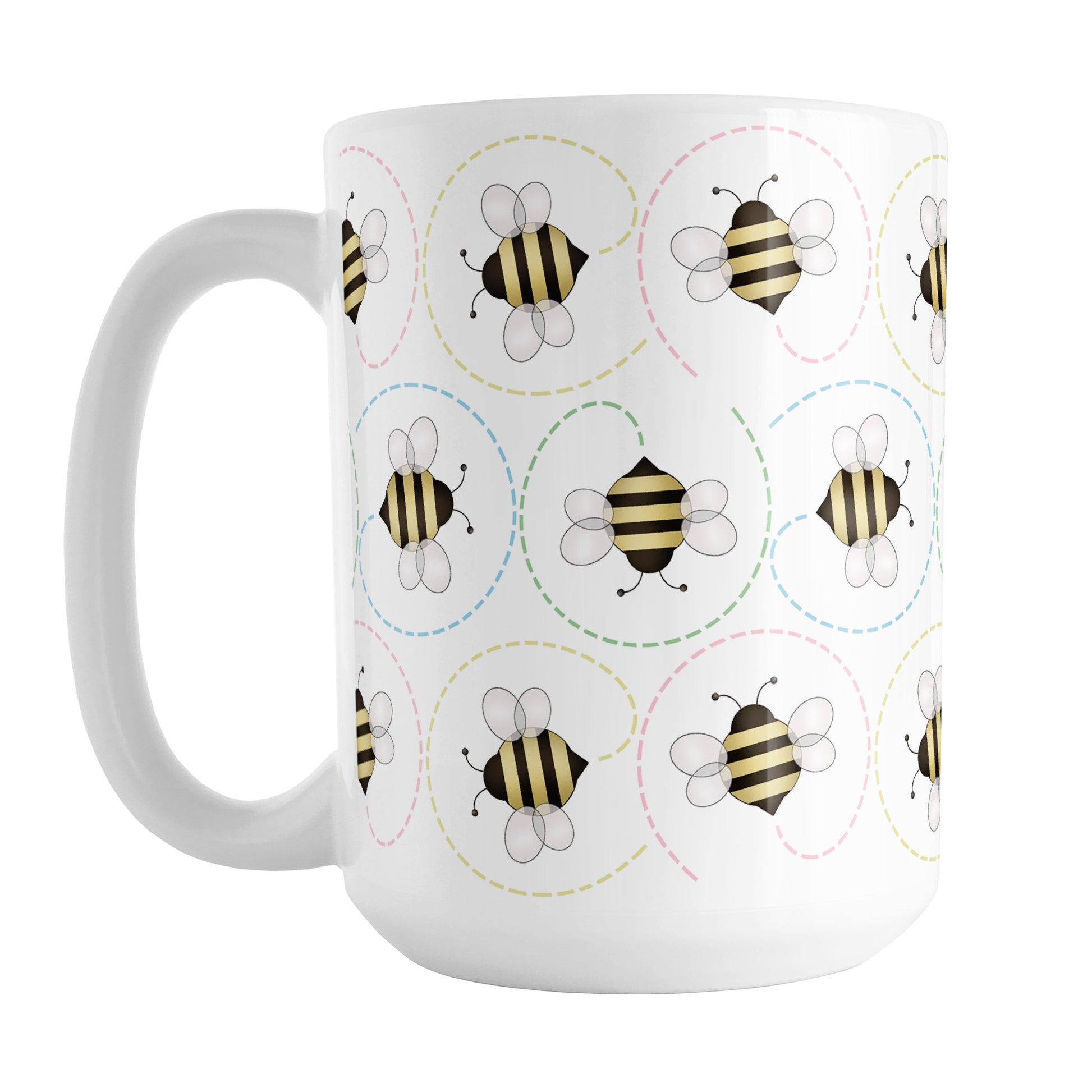 Circling Dainty Bee Pattern Mug (15oz) at Amy's Coffee Mugs. A ceramic bee mug with adorable dainty black and yellow bees in a pattern around the mug with colorful dotted line circling flight paths. A minimalist bee design for bee lovers who also love color and happy designs.