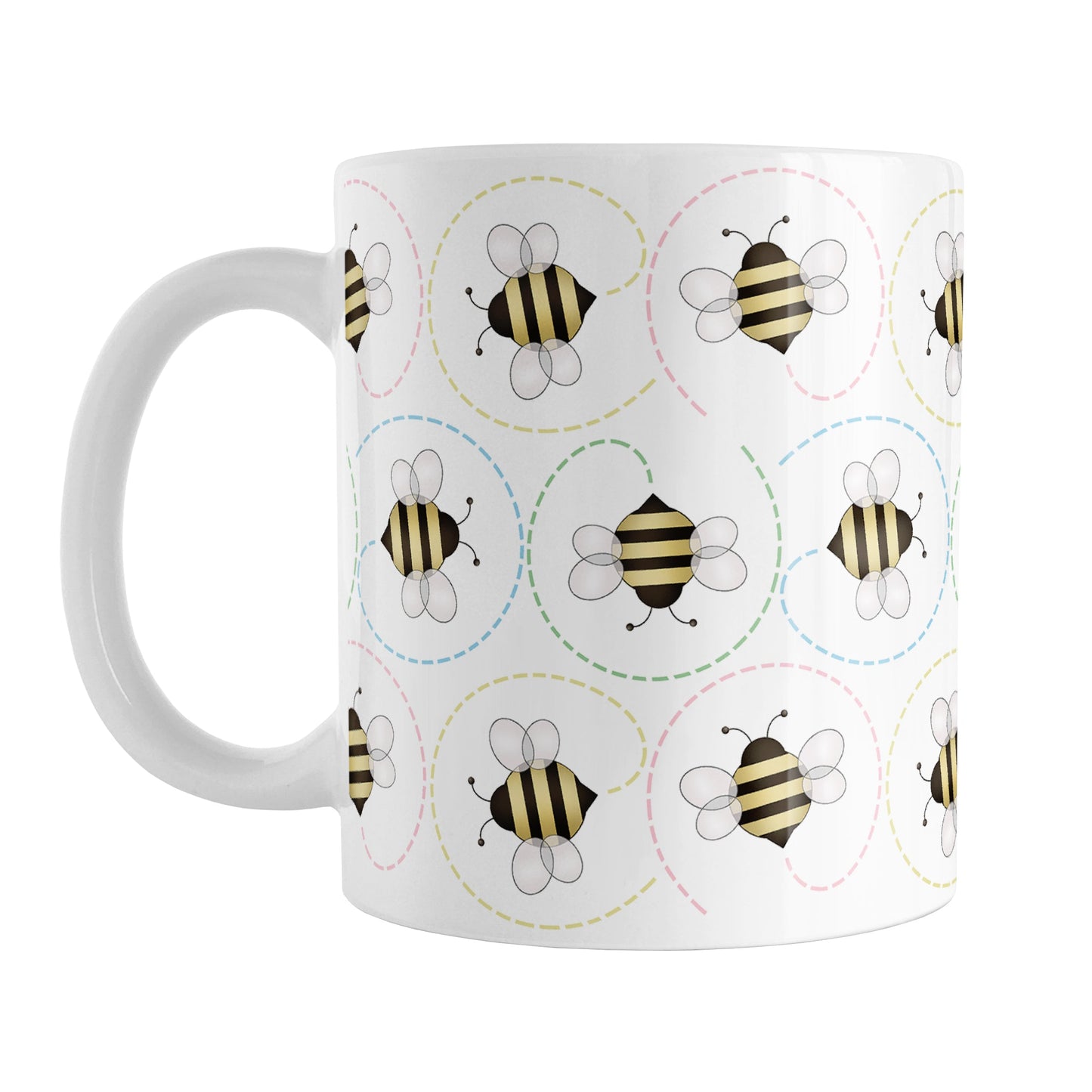 Circling Dainty Bee Pattern Mug (11oz) at Amy's Coffee Mugs. A ceramic bee mug with adorable dainty black and yellow bees in a pattern around the mug with colorful dotted line circling flight paths. A minimalist bee design for bee lovers who also love color and happy designs.