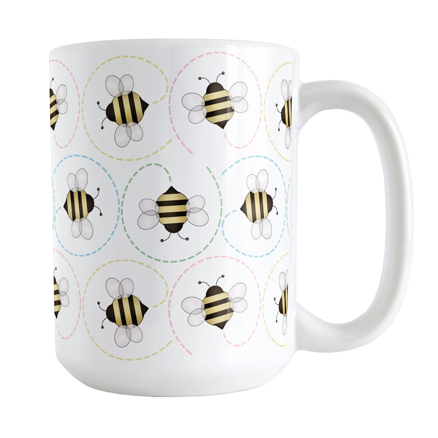 Circling Dainty Bee Pattern Mug (15oz) at Amy's Coffee Mugs. A ceramic bee mug with adorable dainty black and yellow bees in a pattern around the mug with colorful dotted line circling flight paths. A minimalist bee design for bee lovers who also love color and happy designs.