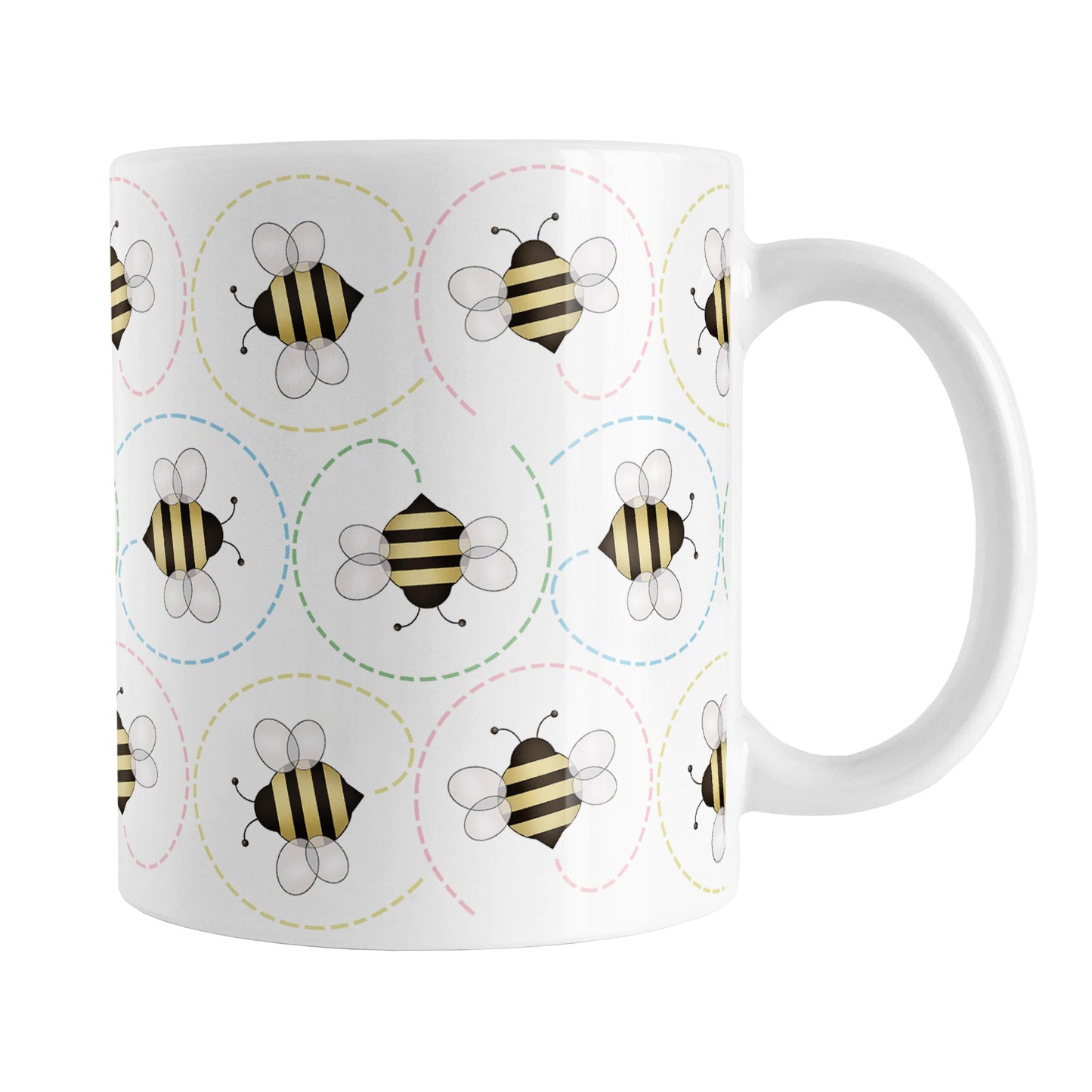 Circling Dainty Bee Pattern Mug (11oz) at Amy's Coffee Mugs. A ceramic bee mug with adorable dainty black and yellow bees in a pattern around the mug with colorful dotted line circling flight paths. A minimalist bee design for bee lovers who also love color and happy designs.