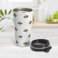 Circling Dainty Bee Pattern Travel Mug (15oz, stainless steel insulated) at Amy's Coffee Mugs. A bee travel mug with adorable dainty black and yellow bees in a pattern around the travel mug with colorful dotted line circling flight paths. A minimalist bee design for bee lovers who also love color and happy designs.
