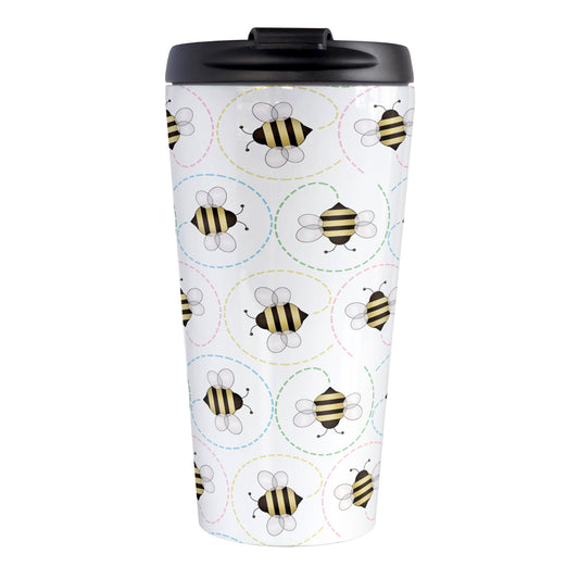 Circling Dainty Bee Pattern Travel Mug (15oz, stainless steel insulated) at Amy's Coffee Mugs. A bee travel mug with adorable dainty black and yellow bees in a pattern around the travel mug with colorful dotted line circling flight paths. A minimalist bee design for bee lovers who also love color and happy designs.