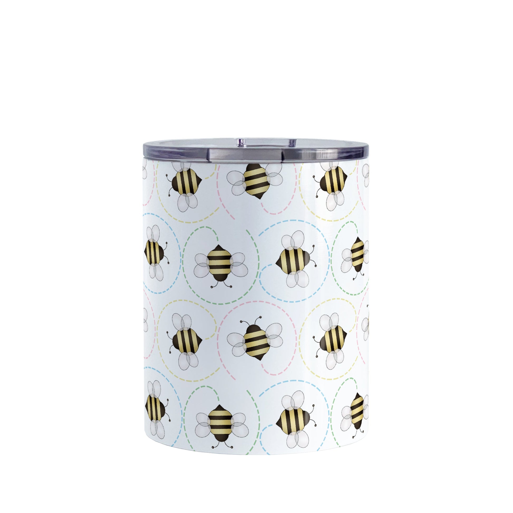 Circling Dainty Bee Pattern Tumbler Cup (10oz, stainless steel insulated) at Amy's Coffee Mugs. A bee tumbler cup with adorable dainty black and yellow bees in a pattern around the cup with colorful dotted line circling flight paths. A minimalist bee design for bee lovers who also love color and happy designs.