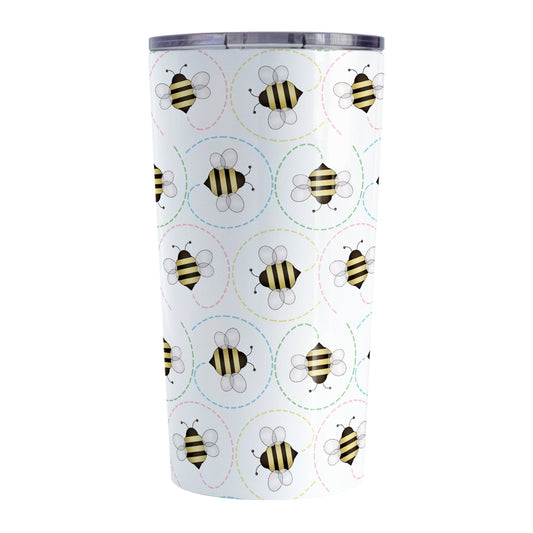 Circling Dainty Bee Pattern Tumbler Cup (20oz, stainless steel insulated) at Amy's Coffee Mugs. A bee tumbler cup with adorable dainty black and yellow bees in a pattern around the cup with colorful dotted line circling flight paths. A minimalist bee design for bee lovers who also love color and happy designs.