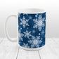 Classic Blue Snowflake Pattern Winter Mug (15oz) at Amy's Coffee Mugs. A ceramic coffee mug designed with a pattern of different shades of blue snowflakes over a classic blue background color that wraps around the mug.