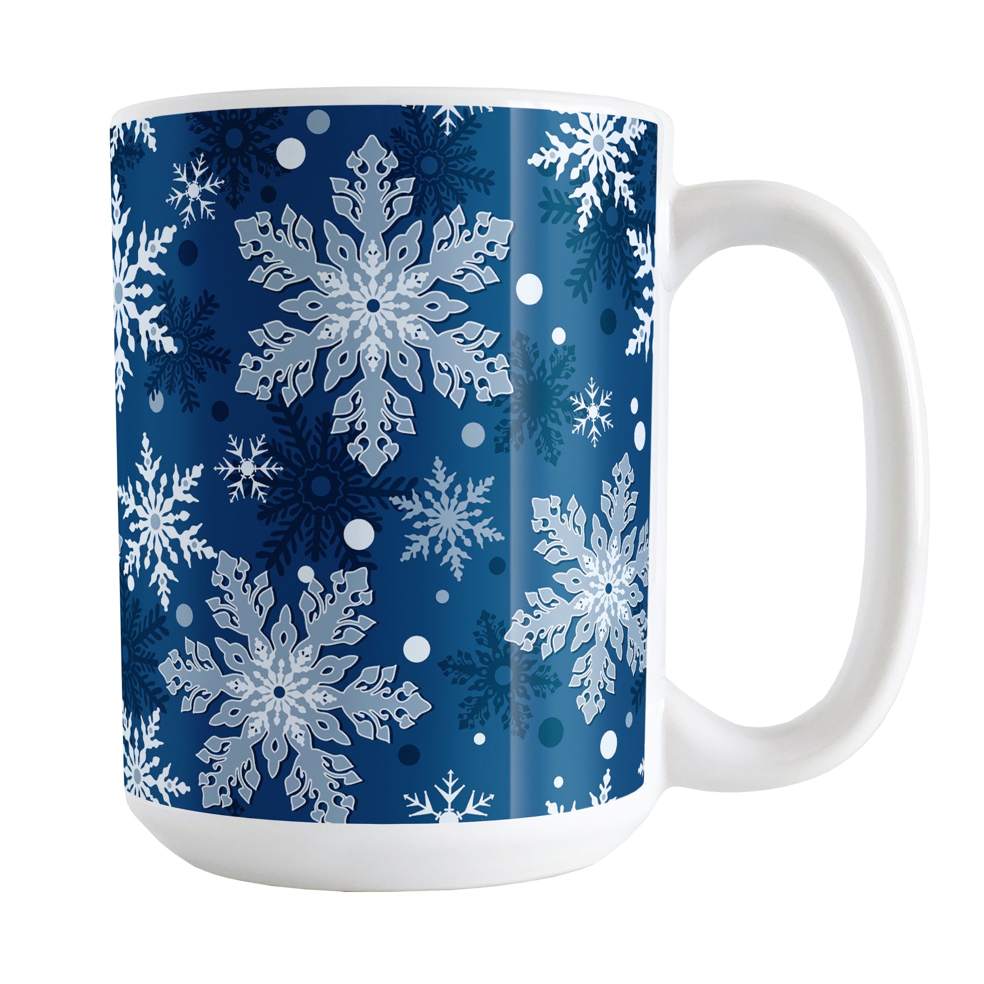 Classic Blue Snowflake Pattern Winter Mug (15oz) at Amy's Coffee Mugs. A ceramic coffee mug designed with a pattern of different shades of blue snowflakes over a classic blue background color that wraps around the mug.