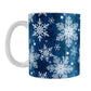 Classic Blue Snowflake Pattern Winter Mug (11oz) at Amy's Coffee Mugs. A ceramic coffee mug designed with a pattern of different shades of blue snowflakes over a classic blue background color that wraps around the mug.