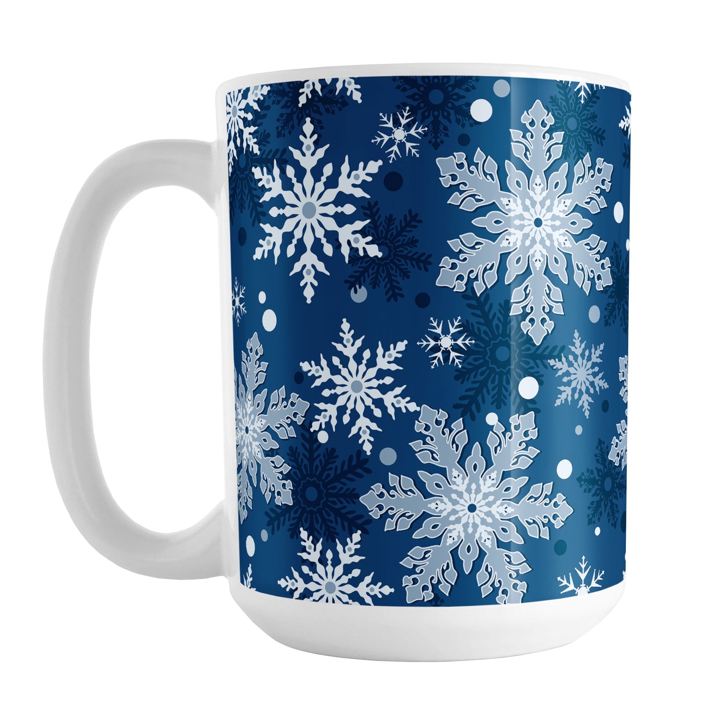 Classic Blue Snowflake Pattern Winter Mug (15oz) at Amy's Coffee Mugs. A ceramic coffee mug designed with a pattern of different shades of blue snowflakes over a classic blue background color that wraps around the mug.