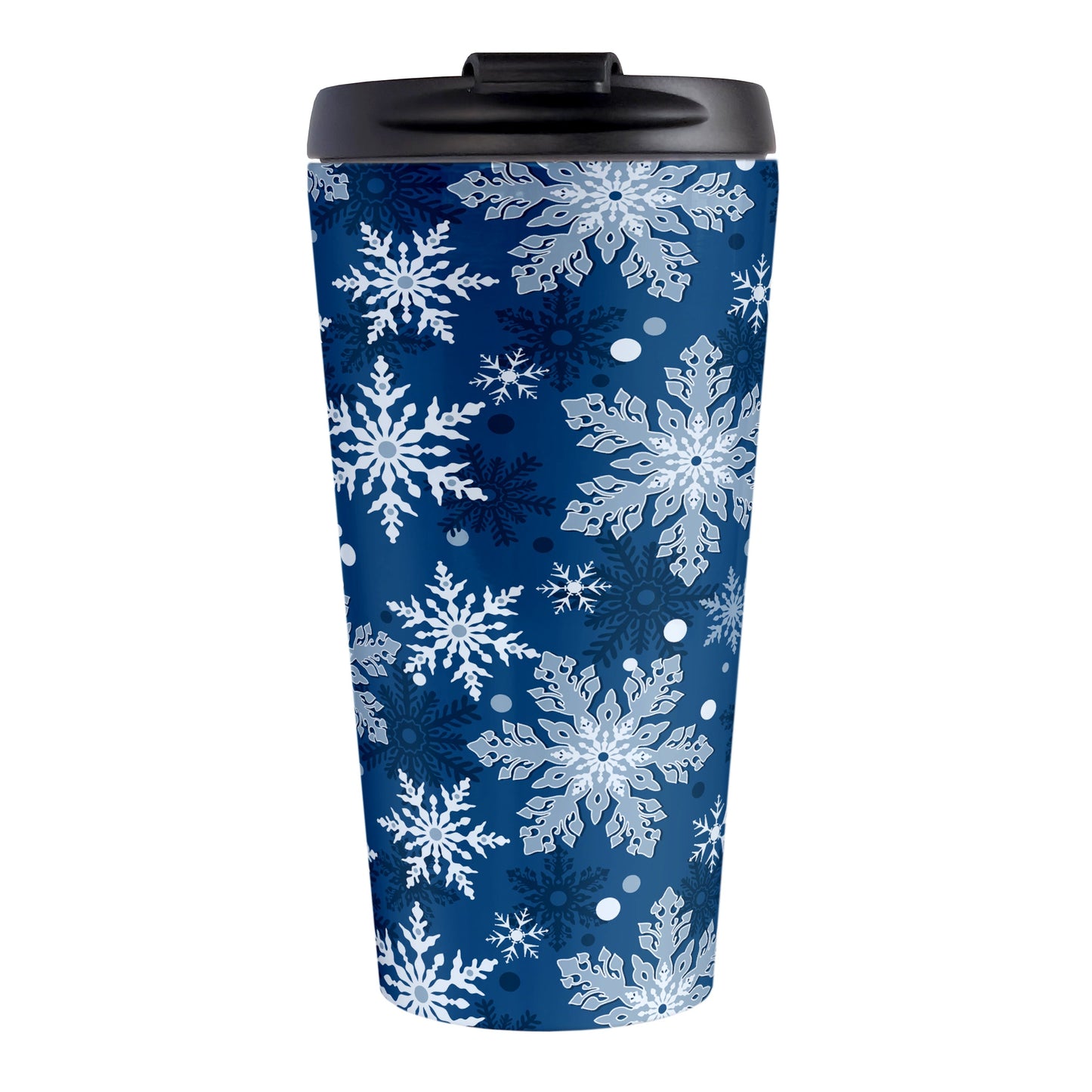 Classic Blue Snowflake Pattern Winter Travel Mug (15oz) at Amy's Coffee Mugs. A stainless steel insulated travel mug designed with a pattern of different shades of blue snowflakes over a classic blue background color that wraps around the travel mug.