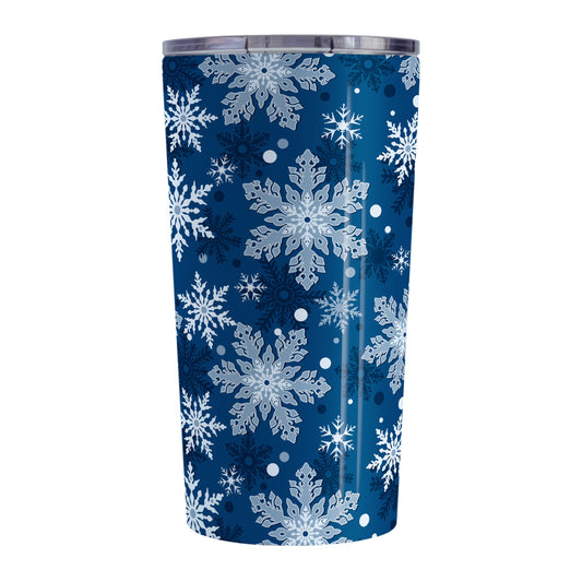 Classic Blue Snowflake Pattern Winter Tumbler Cup (20oz, stainless steel insulated) at Amy's Coffee Mugs. A tumbler cup designed with a pattern of different shades of blue snowflakes over a classic blue background color that wraps around the cup.