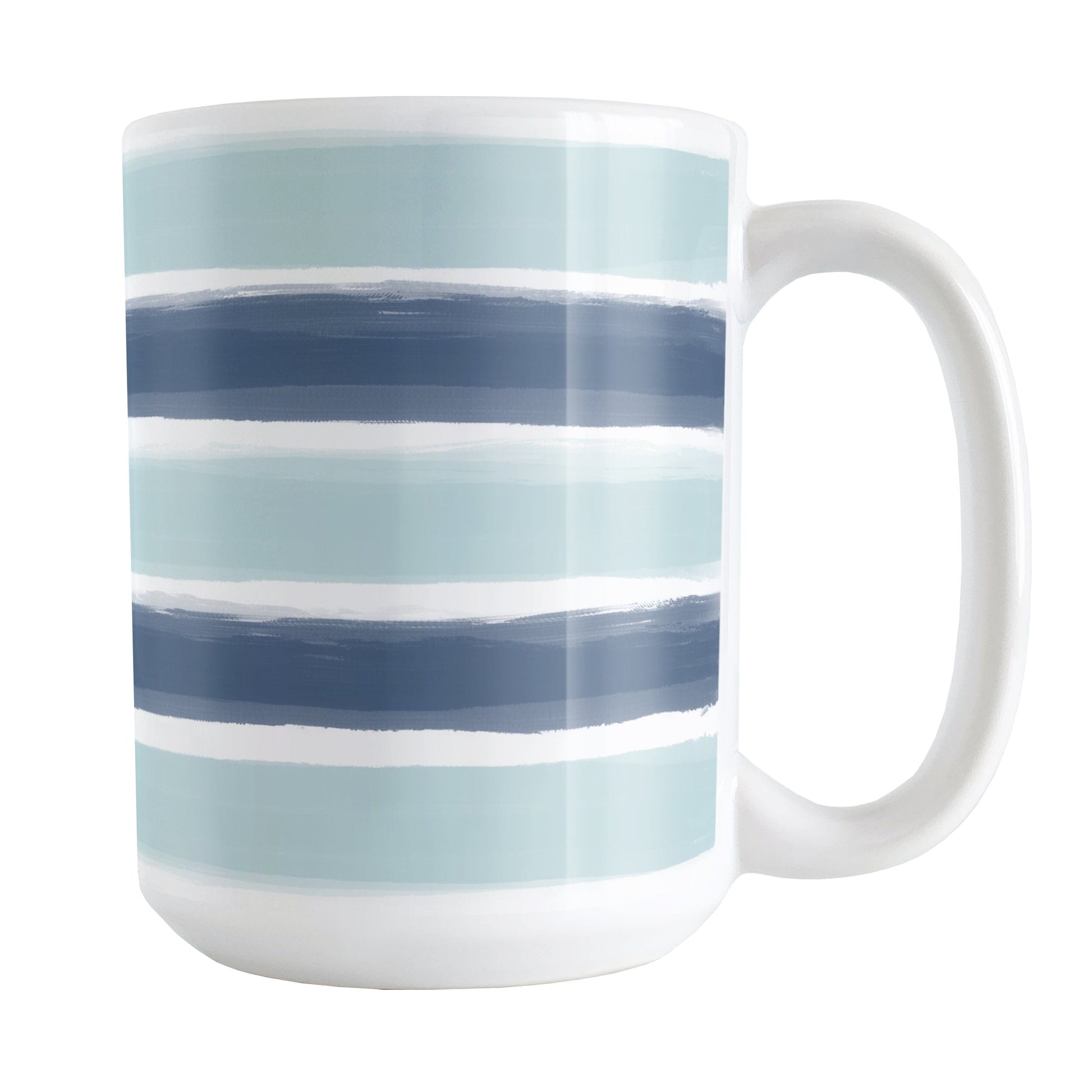 Coastal Blue Paint Strokes Mug (15oz) at Amy's Coffee Mugs. A ceramic coffee mug designed with a pattern of horizontal stripes done in a paint strokes illustration in coastal or nautical blue colors that wraps around the mug to the handle.