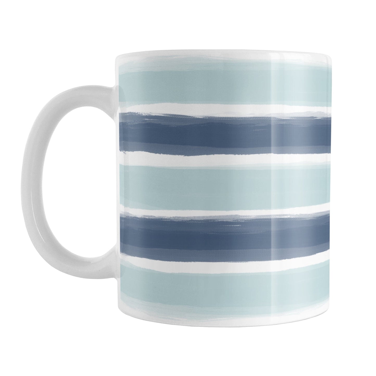 Coastal Blue Paint Strokes Mug (11oz) at Amy's Coffee Mugs. A ceramic coffee mug designed with a pattern of horizontal stripes done in a paint strokes illustration in coastal or nautical blue colors that wraps around the mug to the handle.