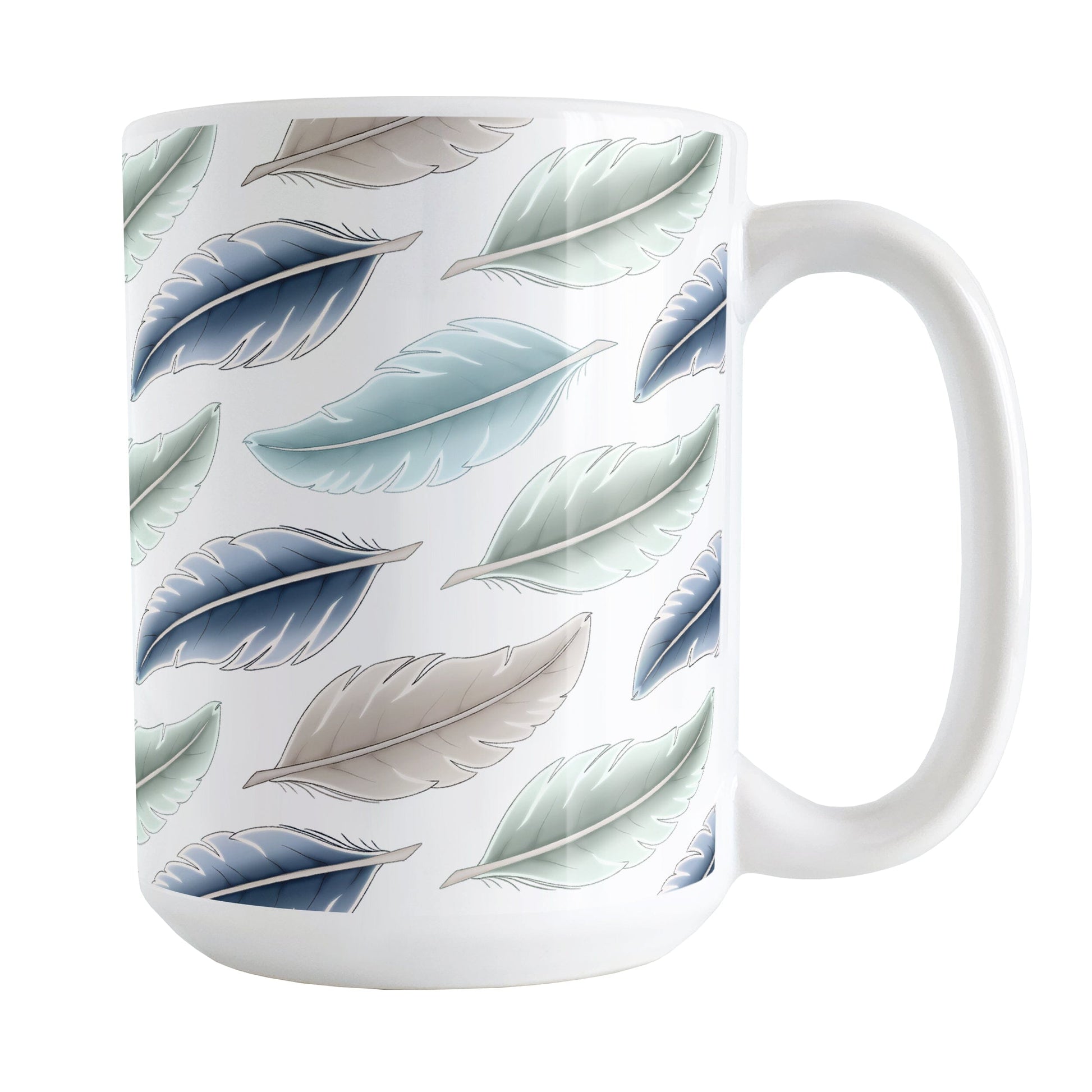 Coastal Feathers Mug (15oz) at Amy's Coffee Mugs. A ceramic coffee mug designed with a pattern of feathers in a coastal color scheme that wraps around the mug to the handle.