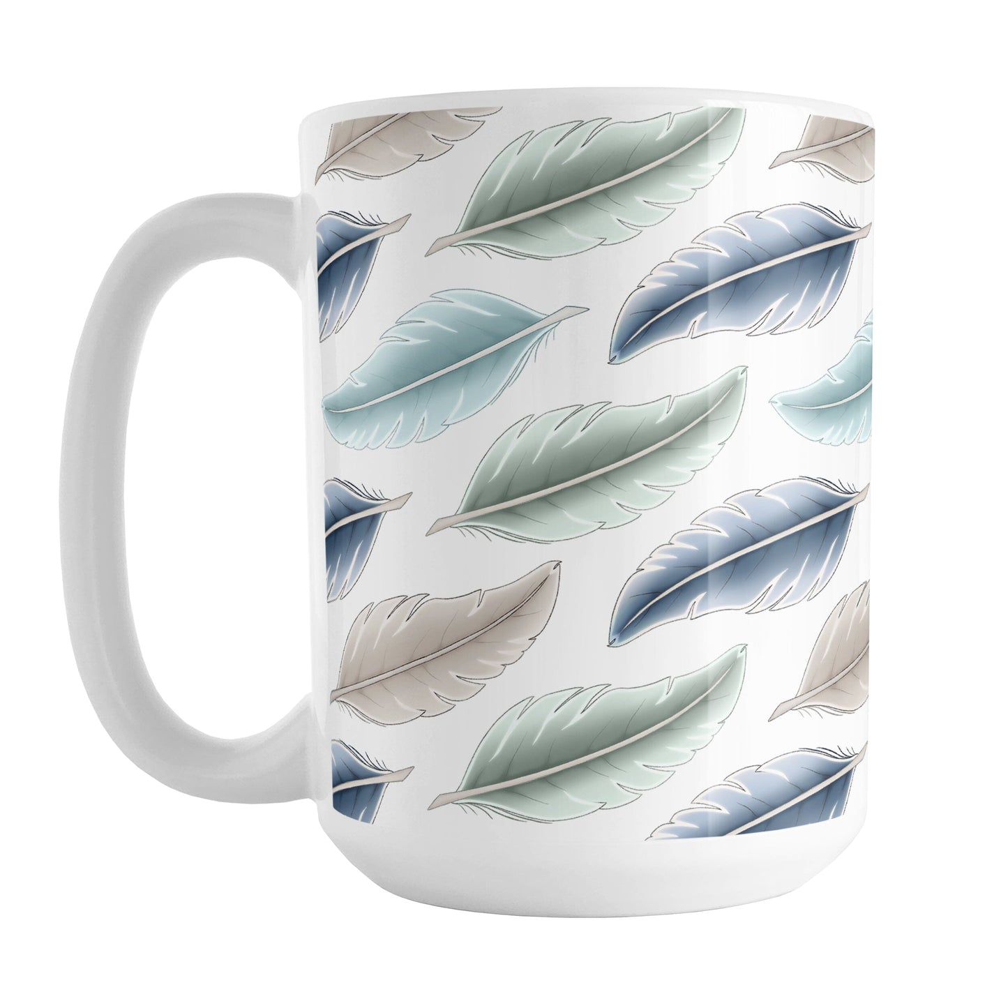 Coastal Feathers Mug (15oz) at Amy's Coffee Mugs. A ceramic coffee mug designed with a pattern of feathers in a coastal color scheme that wraps around the mug to the handle.