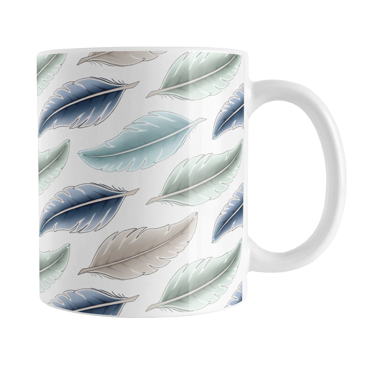 Coastal Feathers Mug (11oz) at Amy's Coffee Mugs. A ceramic coffee mug designed with a pattern of feathers in a coastal color scheme that wraps around the mug to the handle.
