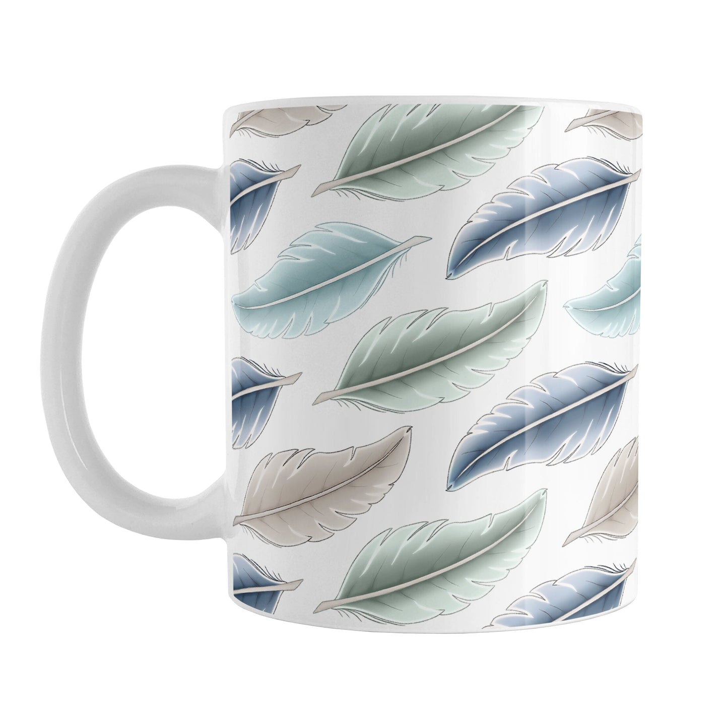 Coastal Feathers Mug (11oz) at Amy's Coffee Mugs. A ceramic coffee mug designed with a pattern of feathers in a coastal color scheme that wraps around the mug to the handle.