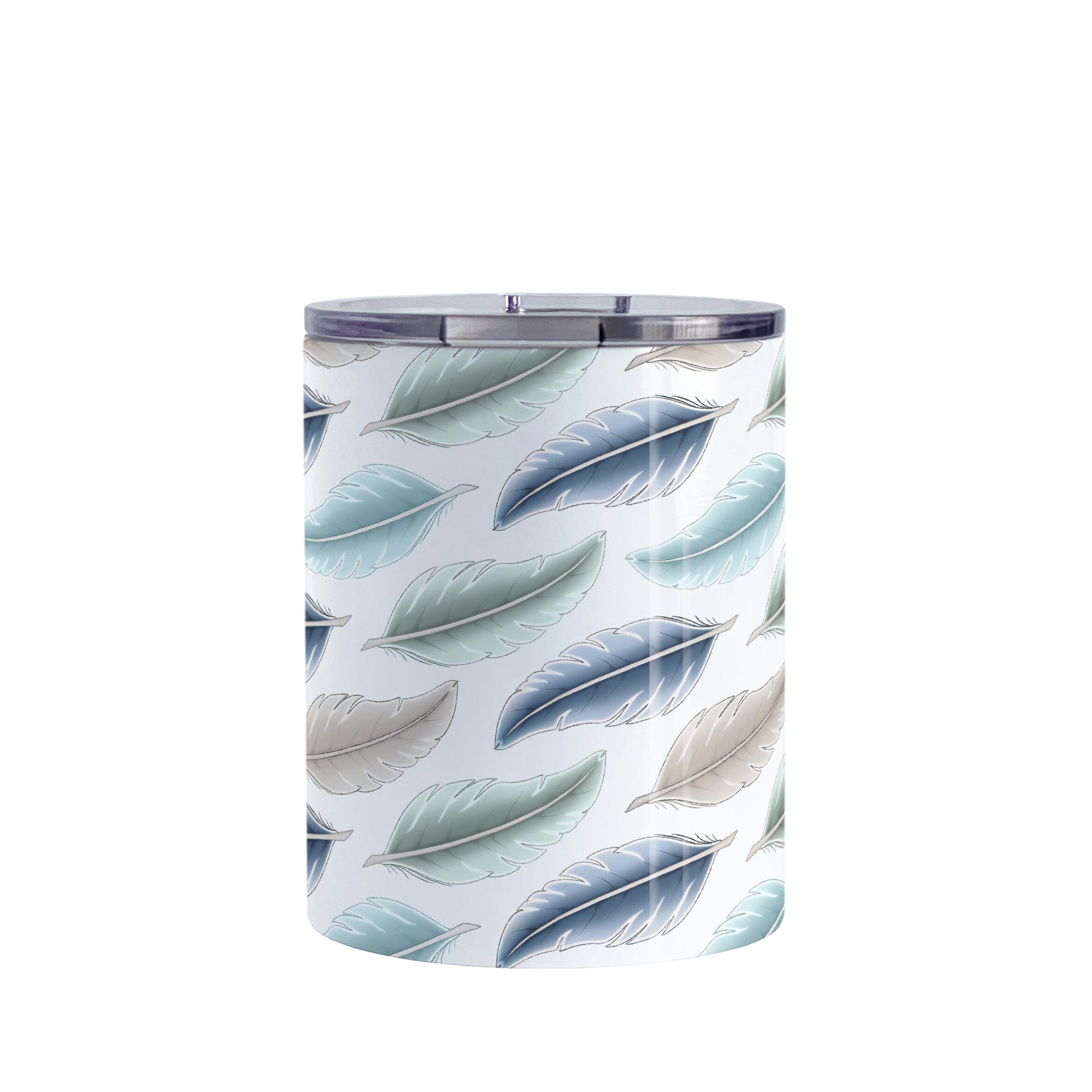 Coastal Feathers Tumbler Cup (10oz) at Amy's Coffee Mugs. A stainless steel tumbler cup designed with a pattern of feathers in a coastal color scheme that wraps around the cup.