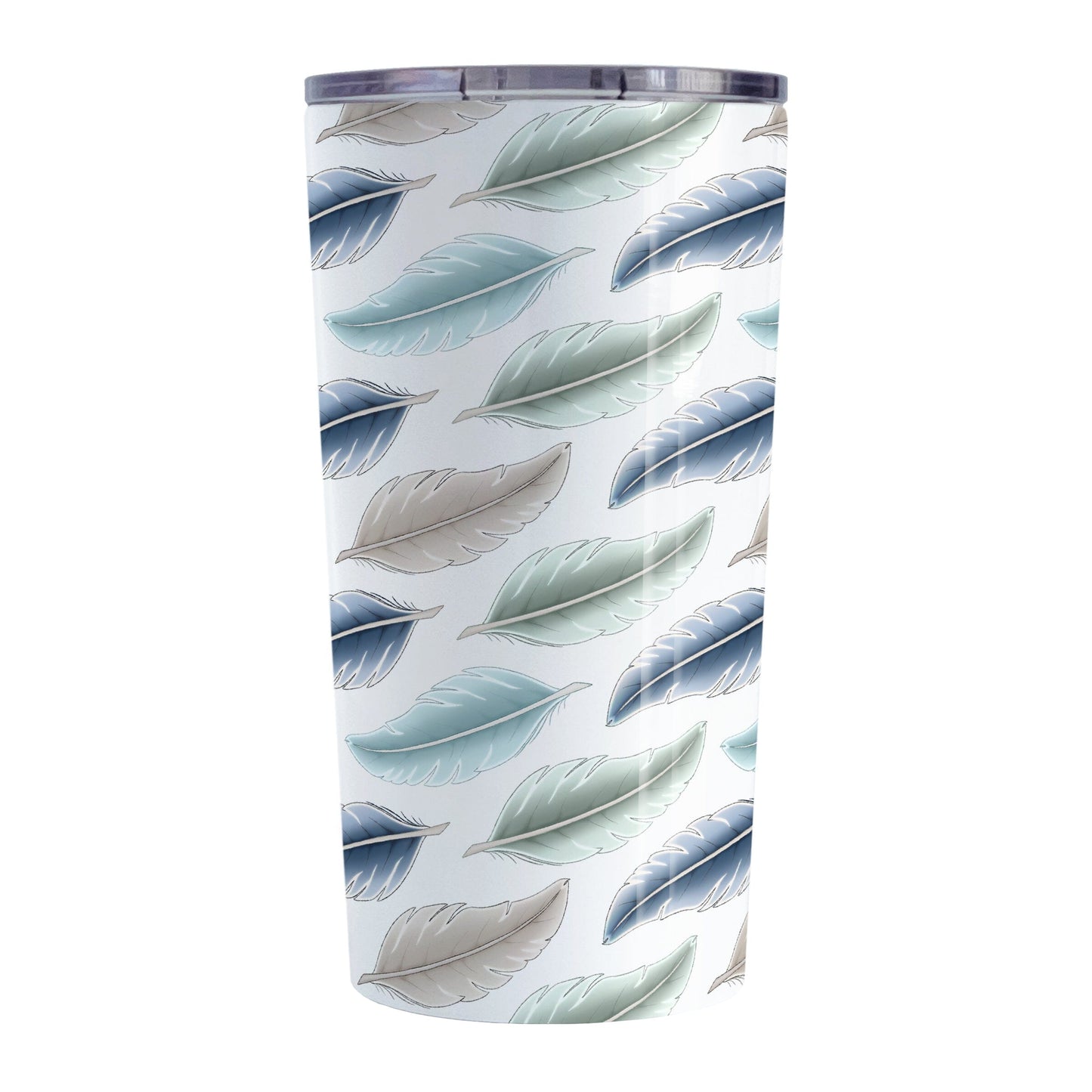Coastal Feathers Tumbler Cup (20oz) at Amy's Coffee Mugs. A stainless steel tumbler cup designed with a pattern of feathers in a coastal color scheme that wraps around the cup.