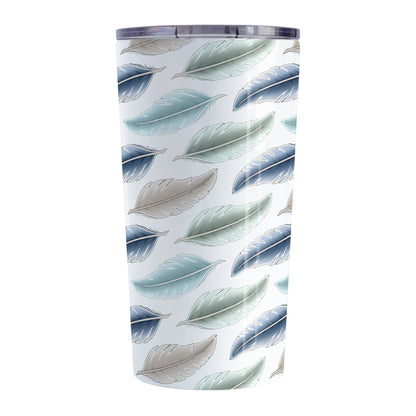 Coastal Feathers Tumbler Cup (20oz) at Amy's Coffee Mugs. A stainless steel tumbler cup designed with a pattern of feathers in a coastal color scheme that wraps around the cup.