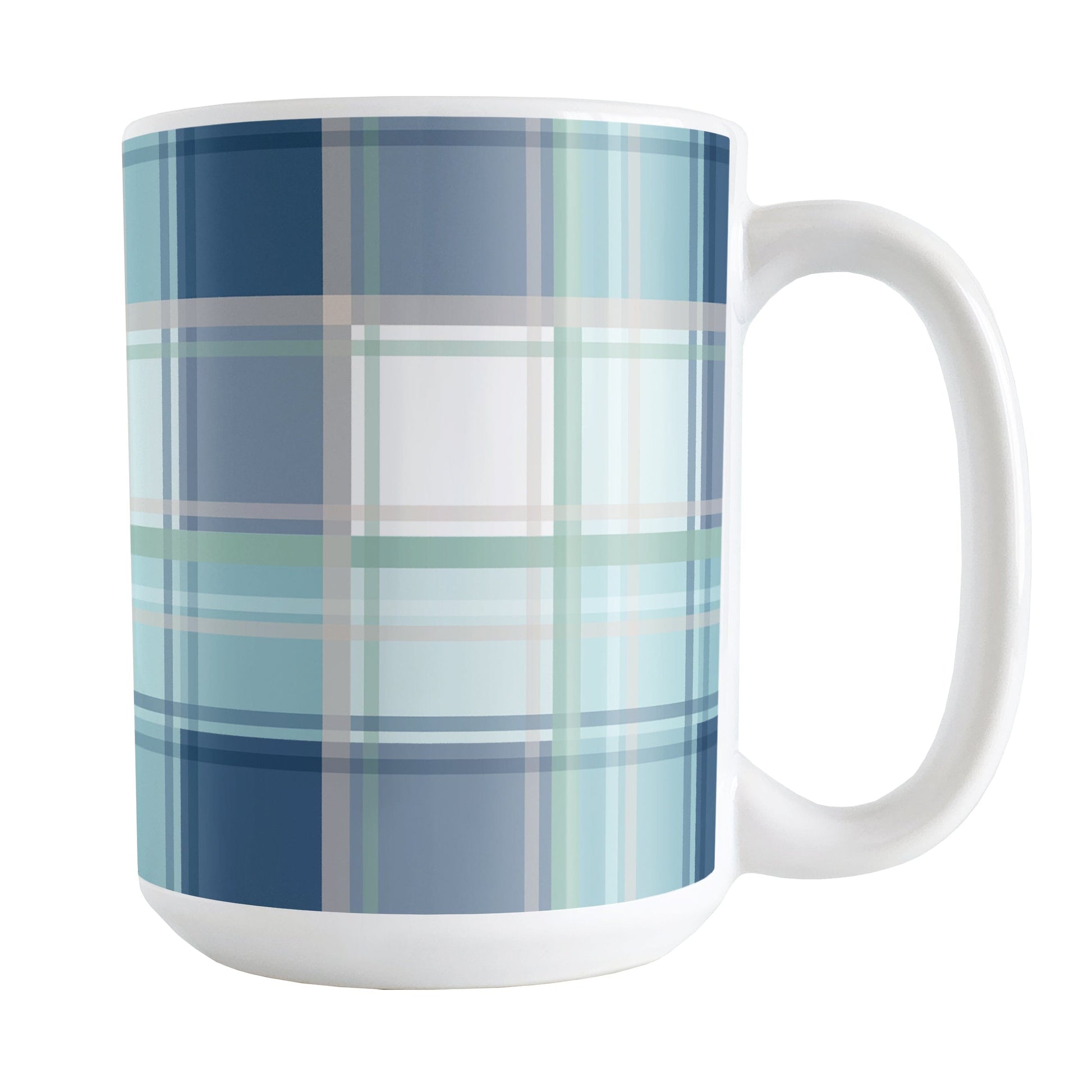Coastal Plaid Mug (15oz) at Amy's Coffee Mugs. A ceramic coffee mug designed with a plaid pattern in a coastal color scheme that wraps around the mug to the handle. It's the perfect mug for people who love the beach and coastal designs in navy blue, light blue, sandy beige, and green. 