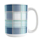 Coastal Plaid Mug (15oz) at Amy's Coffee Mugs. A ceramic coffee mug designed with a plaid pattern in a coastal color scheme that wraps around the mug to the handle. It's the perfect mug for people who love the beach and coastal designs in navy blue, light blue, sandy beige, and green. 