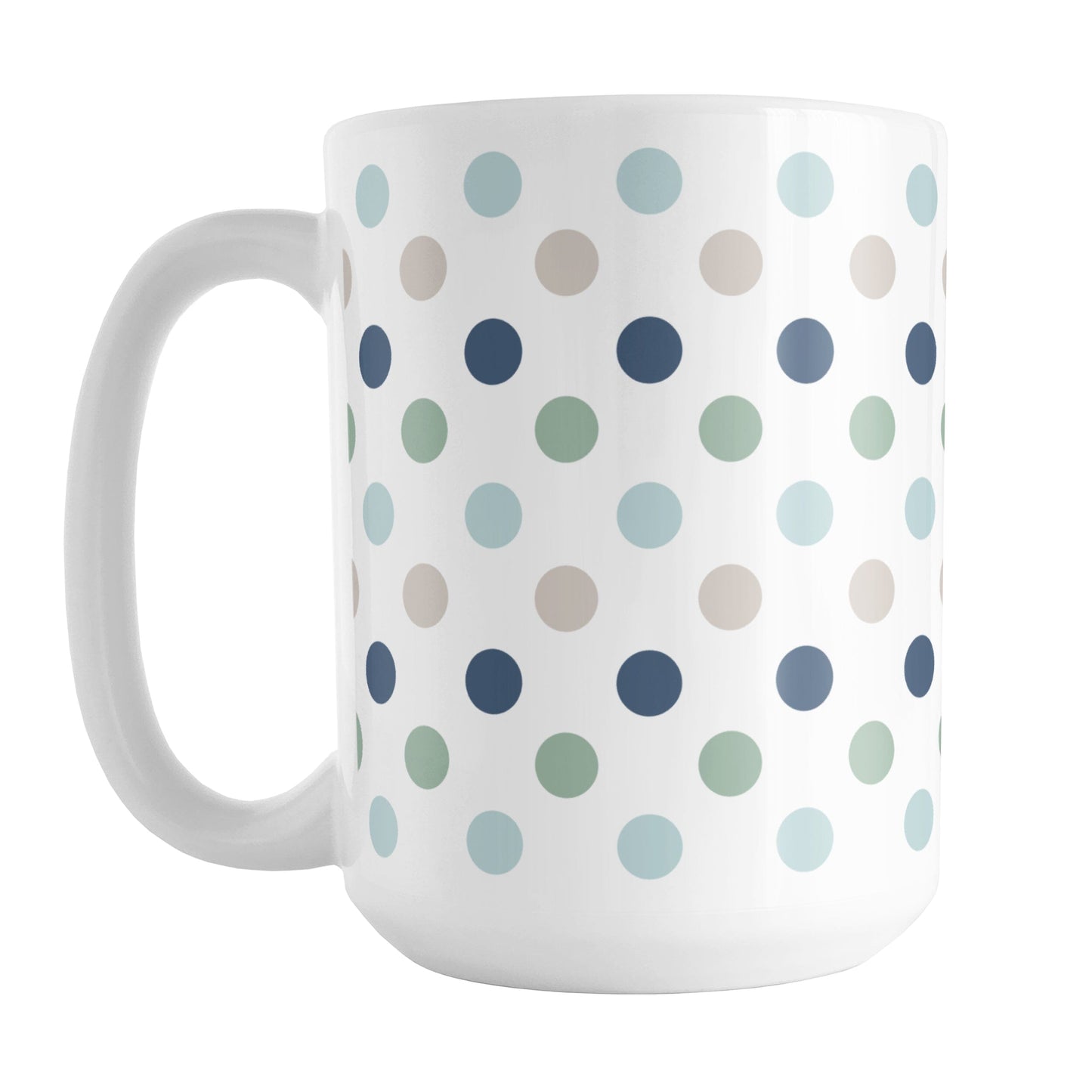 Coastal Polka Dots Mug (15oz) at Amy's Coffee Mugs. A ceramic coffee mug designed with a pattern of polka dots in a coastal color scheme that wraps around the mug to the handle.