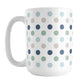 Coastal Polka Dots Mug (15oz) at Amy's Coffee Mugs. A ceramic coffee mug designed with a pattern of polka dots in a coastal color scheme that wraps around the mug to the handle.