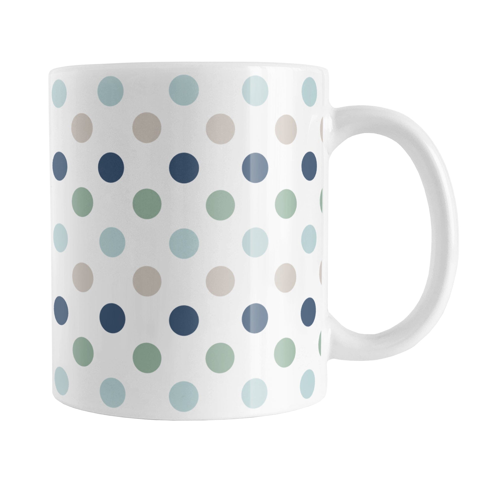 Coastal Polka Dots Mug (11oz) at Amy's Coffee Mugs. A ceramic coffee mug designed with a pattern of polka dots in a coastal color scheme that wraps around the mug to the handle.